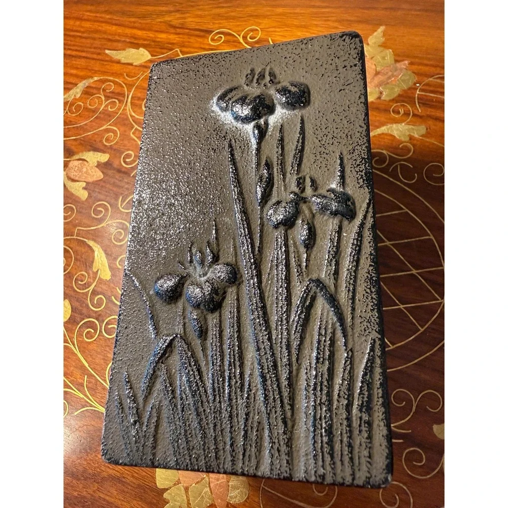 Vintage Cast Iron Jewelry Box with Iris Relief Design